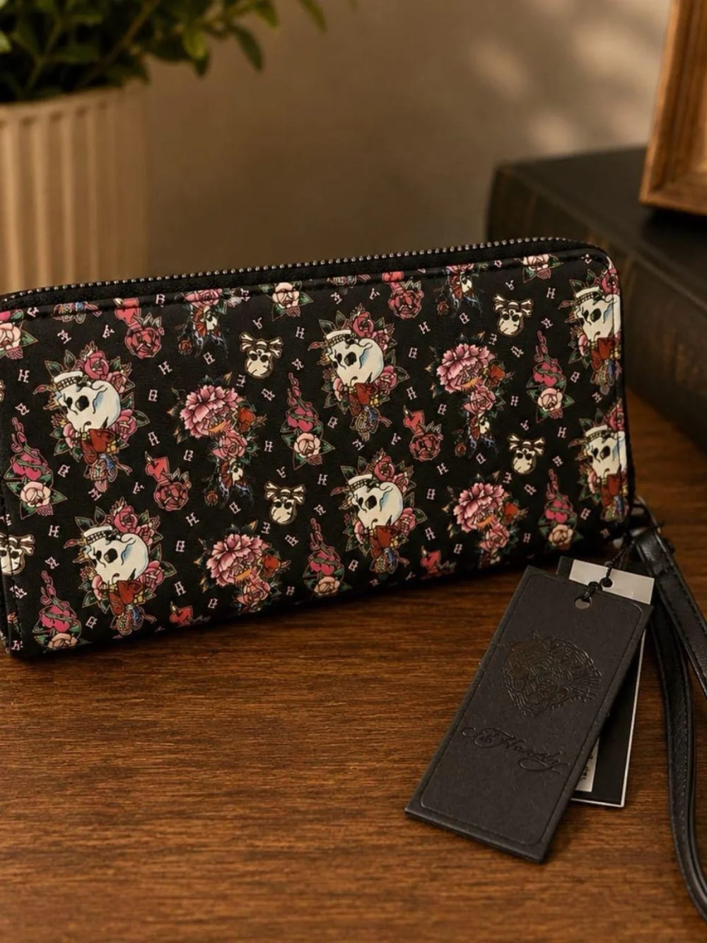 Ed Hardy Black Floral Skull Zip Wristlet Clutch with Pink Accents